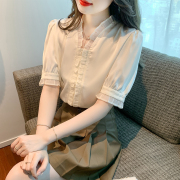 时尚气质V领雪纺衫女2023年夏装韩版设计感短袖衬衫洋气上衣