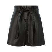 suncoo秋冬款女士时尚，气质黑色腰部系带，装饰直筒五分短裤