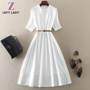夏装气质优雅高端女装，中长款收腰大摆裙白色，短袖蕾丝连衣裙子