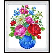 蒙娜丽莎精准印花蓝瓶玫瑰花，蓝色花瓶十字绣，现代简约客厅卧室挂画