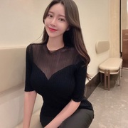 韩国东大门蕾丝拼接微透中袖针织衫显身材，性感t恤小衫女上衣