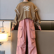 EYAS字母假两件卫衣工装裤套装2023秋装女童短款蝙蝠衫长裤两件套