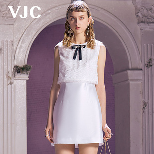 VJC/威杰思春夏女装白色无袖连衣裙蕾丝绣花拼接西装裙