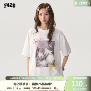 f426店国潮牌夏季情侣宽松猫狗照片系列趣味涂鸦t恤短袖