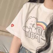 小熊的白日梦少女感圆领，卡通印花短袖tee~日系韩国可爱宽松t恤