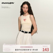 chummygirls24ss镂空蝴蝶结刺绣薄款针织，弹力打底奶油挖肩背心女