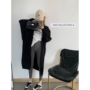 nsscollection慵懒氛围早春黑色，针织设计感中长款毛衣开衫外套