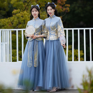 中式伴娘服女2024夏季姐妹，团蓝色礼服旗袍，中国风汉服伴娘裙装