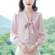 女式时尚飘带领衬衫秋季缎面装垂感蝴蝶结法式独特上衣