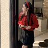 红色氛围感蝴蝶结毛衣开衫女春季季灯笼(季灯笼)袖，设计感针织外套短款上衣