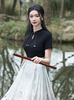 新中式国风黑色镂空短袖上衣女装，夏季立领盘扣衬衫，搭配马面裙套装