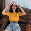 夏季设计感小众冰丝针织开衫T恤女法式黄色polo领镂空短袖上衣薄