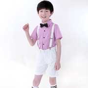 新儿童花童礼服男童粉红衬衫白色背带短裤主持钢琴合唱表演出服套