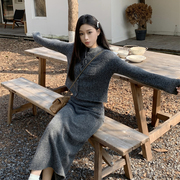 韩版秋冬针织休闲套装灰色，简约上衣外套，a字直筒半身长裙显瘦两件
