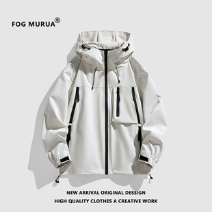 fogmurua美式机能风，冲锋衣纯色连帽男复古宽松潮流，山系户外外套b