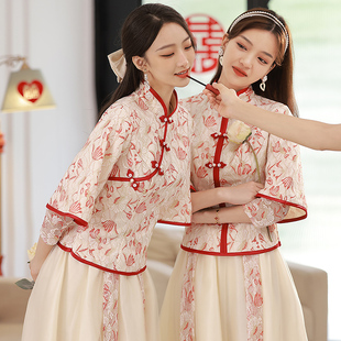 中式伴娘服2024复古中国风，大码婚礼姐妹裙伴娘团礼服裙女春季