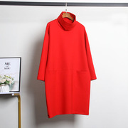 大码长袖连衣裙2024春秋韩版洋气减龄高级感红色中长款直筒裙