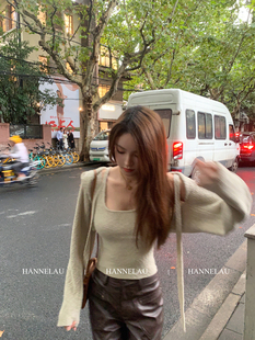 hannelau清潭洞色调圈圈，毛带帽长袖针织衫女秋季开衫背心两件套