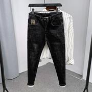 男士个性做旧复古黑色修身牛仔裤，男2023年刮烂弹力小脚长裤潮