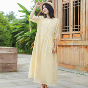乱在江南夏季苎麻纯色气质黄色连衣裙简约文艺高腰显瘦长裙