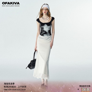 ofakiva“平衡张力”云雾，氤蕴黑白假两件印花连衣裙，女无袖背心裙