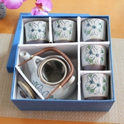 和风宋青瓷(宋青瓷)日式手绘茉莉花茶具，一壶五杯套装植物花卉款式