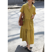 无拘2023夏季姜黄色(姜，黄色)长裙衬衫裙纯色女裙，荷叶边白色高腰连衣裙
