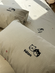 ins简约灰条纹小猫咪，纯棉全棉床笠床单单件，1.35米宿舍床罩保护套