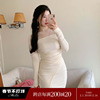 ML茉乐大码微胖2023冬季蕾丝连衣裙褶皱修身法式温柔中长裙