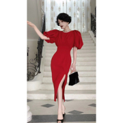 路易小姐沙伦玫瑰高定轻礼服红色连衣裙高腰夏季短袖开叉裙子