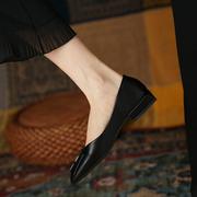 2023真皮单鞋女春季时尚黑色，方头浅口平底低跟软底百搭工作鞋