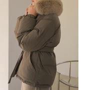 气质毛领棉服韩国2023冬女装时尚修身系腰带厚实保暖棉衣外套