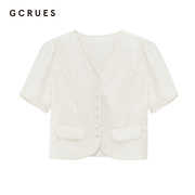gcrues法式V领短袖棉麻衬衫白色上衣女装2024年夏季别致小衫