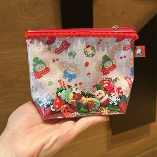 可爱卡通圣诞节礼物pvc透明流沙化妆包零钱，耳机口红收纳包