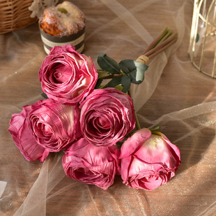 法式焦边仿真玫瑰花油画，牡丹花假花干花复古客厅，餐桌花装饰花插花