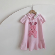女童polo连衣裙时尚不规则儿童夏季设计感小众卡通兔子粉色卫衣裙