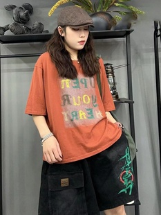 韩版圆领短袖T恤女士夏装字母印花文艺宽松半袖T恤复古上衣