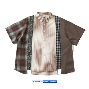 日系复古撞色拼接条纹衬衫，男夏季潮流，设计感小众休闲短袖衬衣男女