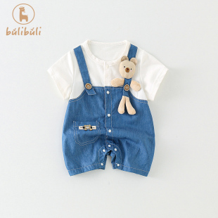 韩版婴儿夏装衣服宝宝假两件软牛仔短袖连体衣夏季薄可爱公仔哈衣