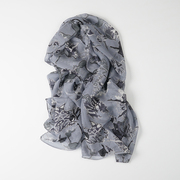 真丝雪纺100%桑蚕丝丝巾纱巾，薄款围巾长款春秋冬夏季女士灰色印花