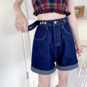 大码复古蓝色牛仔短裤女夏季微胖MM设计感高腰显瘦阔腿五分裤