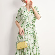 桑蚕丝长款连衣裙，夏季时尚碎花大码宽松裙子气质，女士绿色真丝长裙