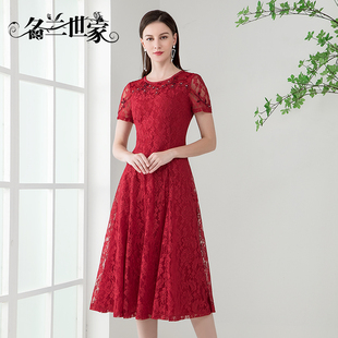 名兰世家原创设计红色蕾丝连衣裙中长款夏妈妈婚宴高端气质裙