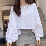 韩国东大门女装秋季慵懒风，纯棉短款蝙蝠，袖休闲宽松长袖t恤潮