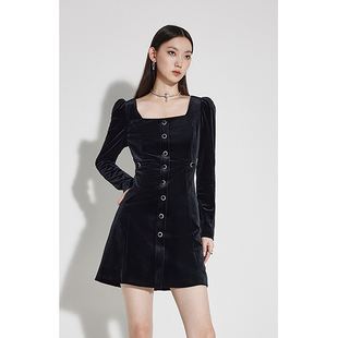 黑标系列 欧时力长袖连衣裙女春装裙子丝绒方领法式收腰