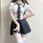 学院风 JK衬衫日系学姐收腰纯欲辣妹女夏季显瘦白色短袖背带套装