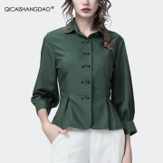 墨绿色衬衫女职业装七分袖，衬衣春秋设计感收腰，高级感气质上衣