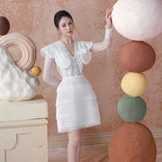 越南设计师夏气质(夏气质)重工，水溶刺绣蕾丝收腰白色长袖连衣裙女