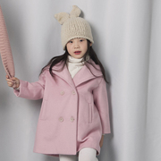童装女童春秋外套粉红色，羊毛大衣连帽毛呢巴拉儿童宝宝洋气秋冬装