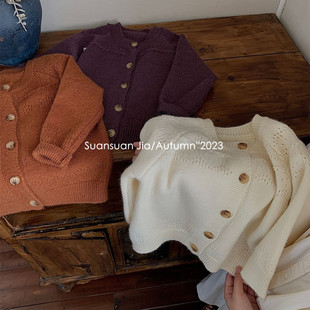 韩系女童纯色圆领复古保暖针织衫秋季女宝宝开衫毛衣外套洋气